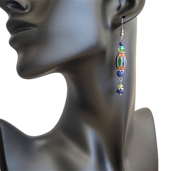 Hand Crafted Lampwork Lapis Earrings Beaded Dangle 2.5" Blue Green & Red Stripes - Picture 7 of 8